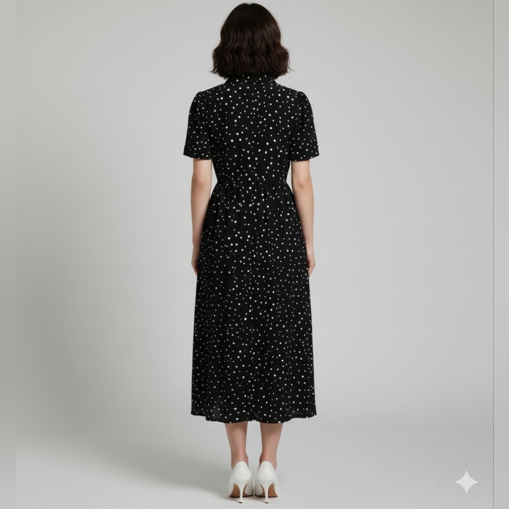 Women's Black Sheer Collared Polka Dot Short Sleeve Midi Dress Size XS EUC 🐈 - Picture 11 of 14